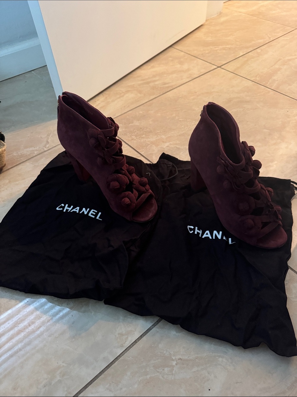CHANEL Burgundy Suede Floral Peep-Toe Block Heels - Picture 2 of 10
